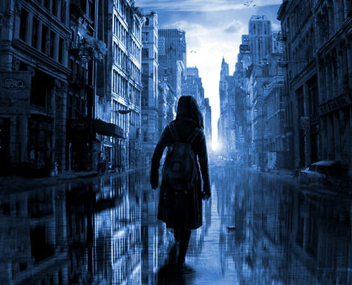 Una ragazzina che cammina tra le rovine di una città