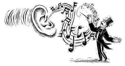 A conductor leads the musical notes towards the ear of the listener